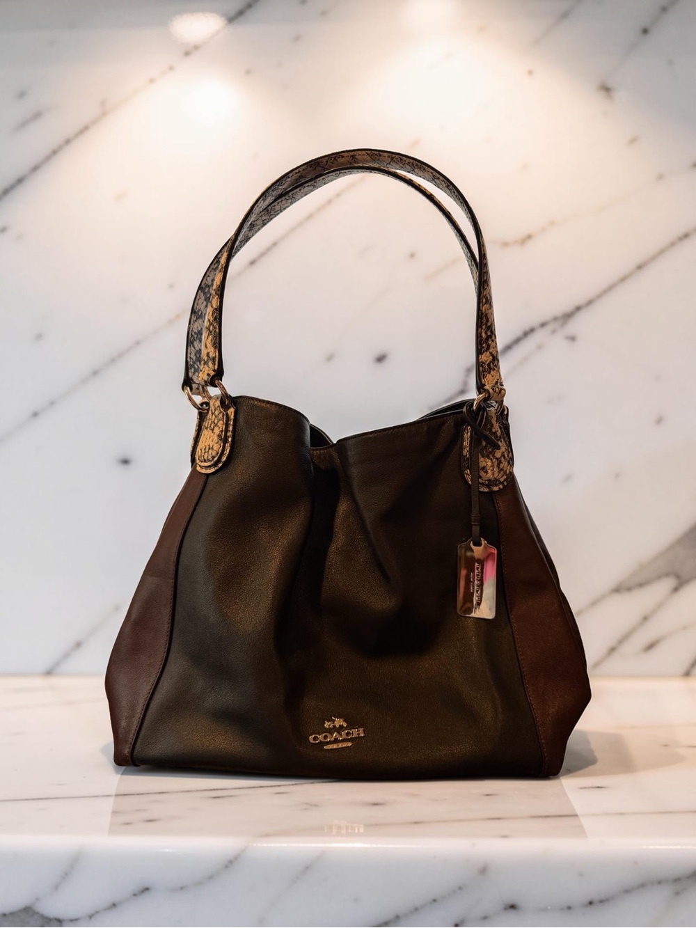 Coach Two-Tone Brown Leather Shoulder Bag with Snake-Print Strap